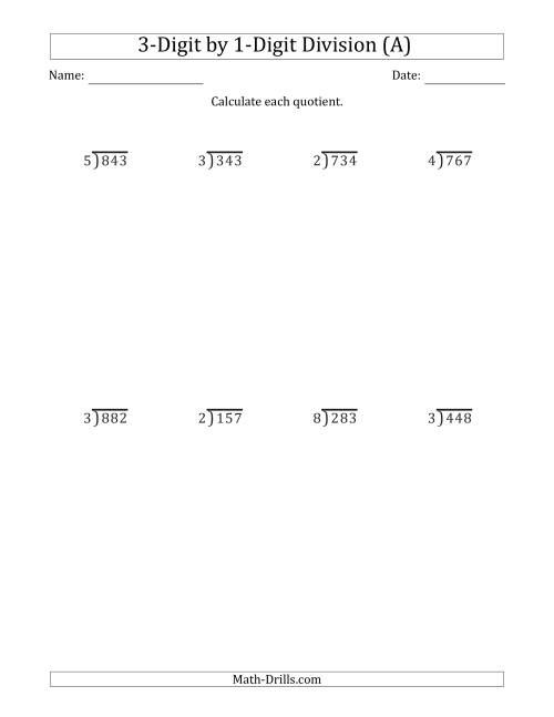 3 Digit By 1 Digit Long Division With Remainders And Steps Shown On 