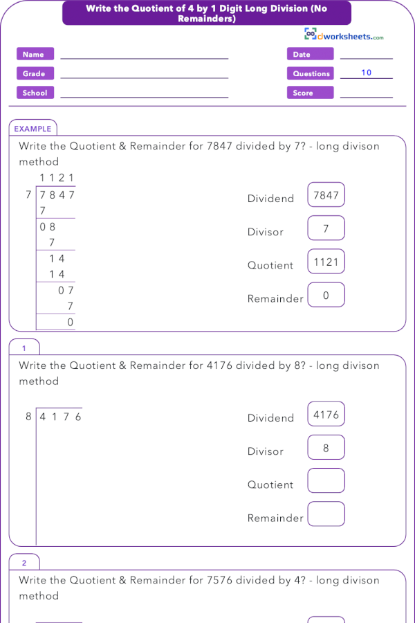 6 NS B 2 4 By 1 Digit Long Division With No Remainders Worksheet 