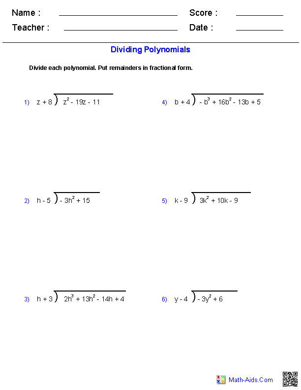 Algebra 1 Worksheets Polynomials Long Division Worksheets Division 