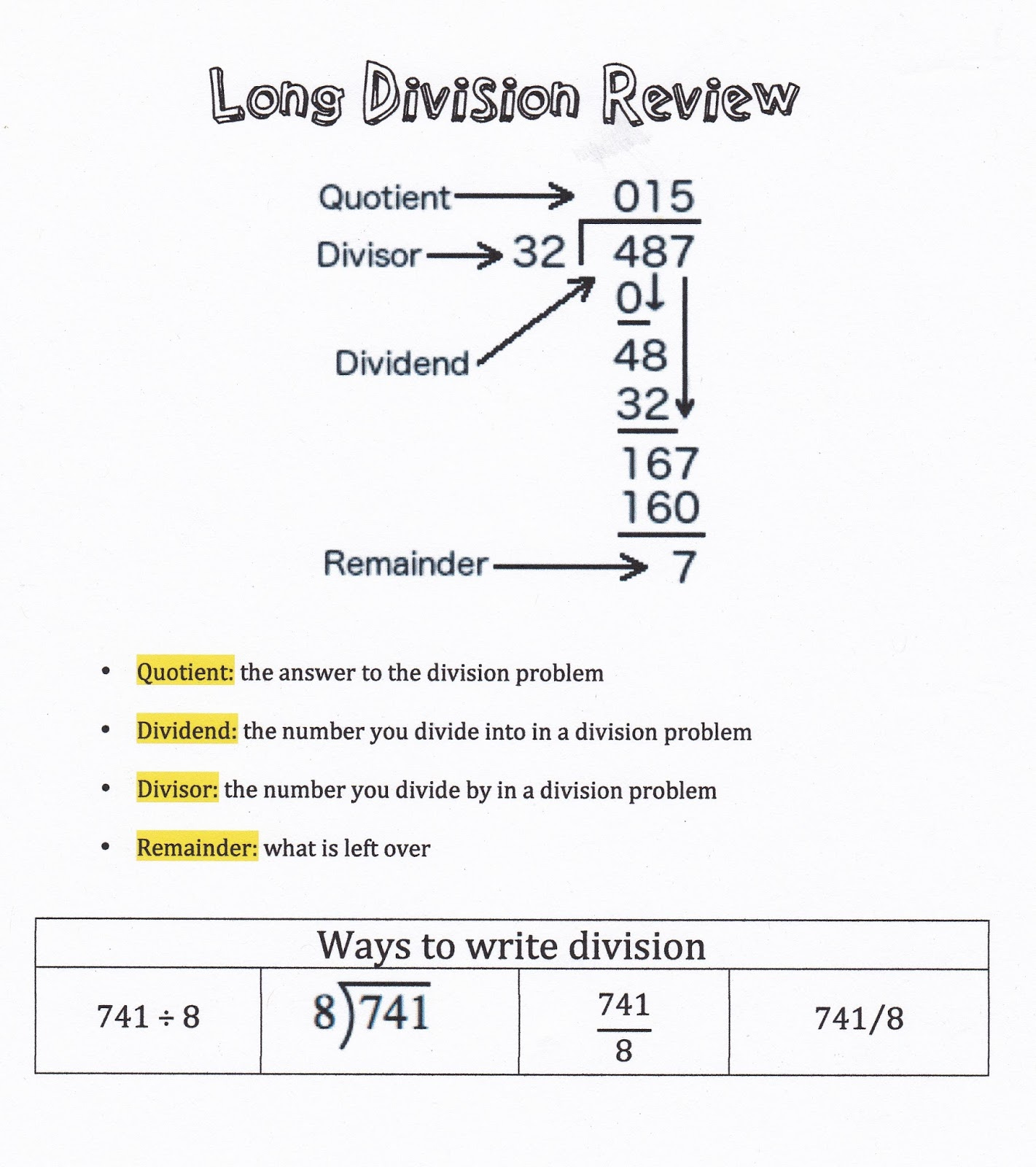Arrowhead Middle School 7th Grade Math Long Division Review
