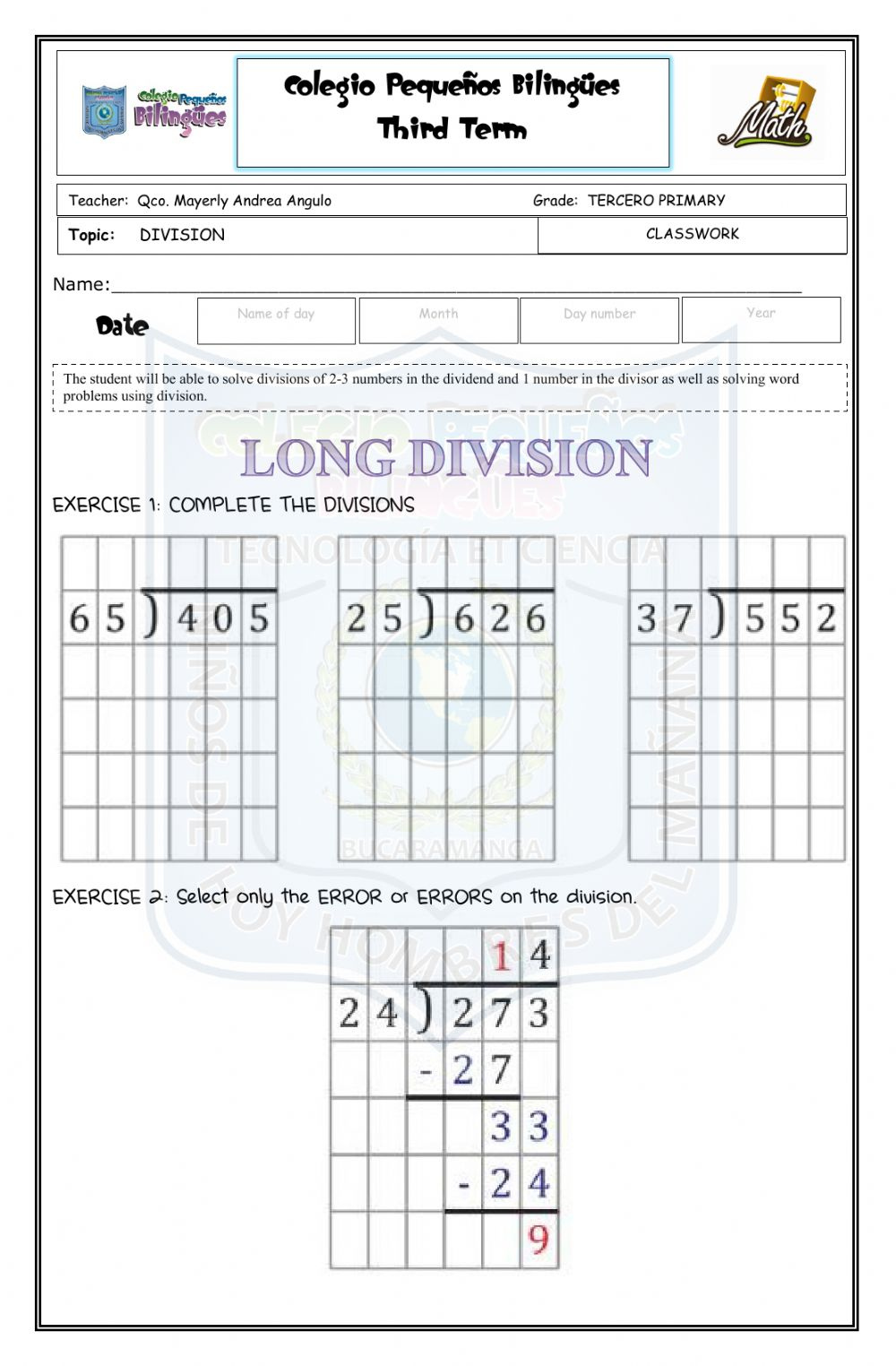 Classwork Long Division third Term math third Grade Interactive Worksheet