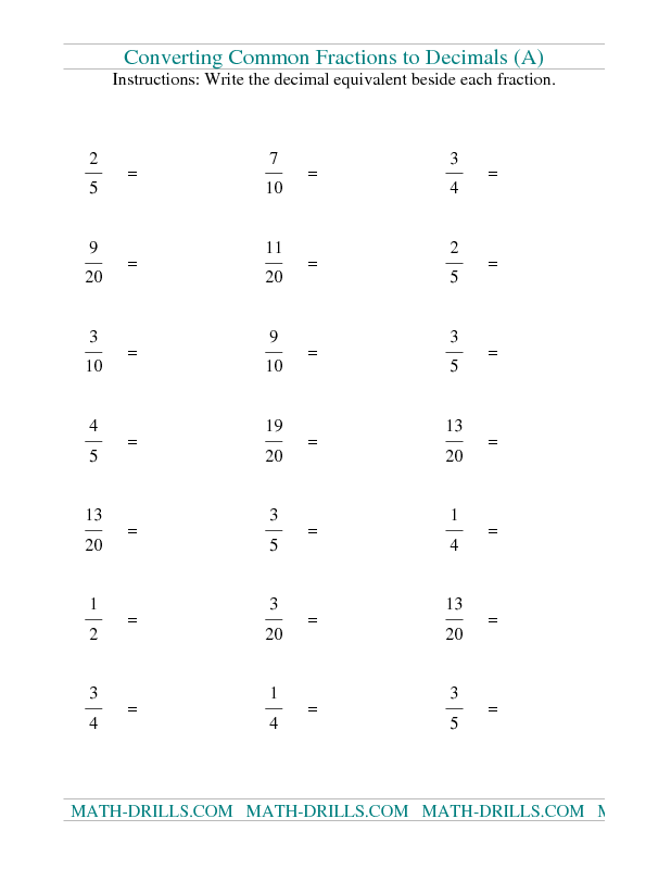 Convert Fractions To Decimals A Fractions Worksheet Decimals 