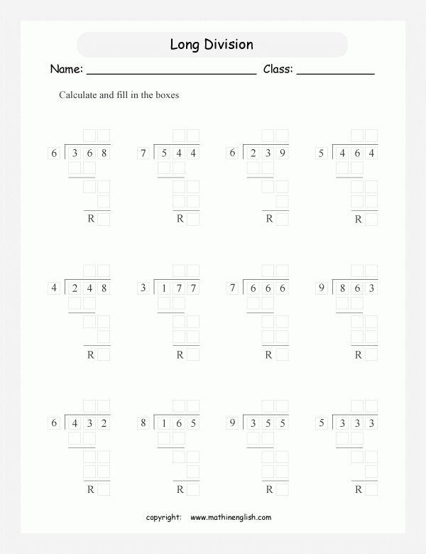 Long Division 3 Digit By 1 Digit Worksheet