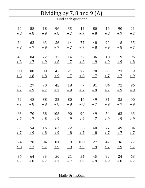Dividing By 7 8 And 9 Quotients 1 To 12 A Division Worksheet 