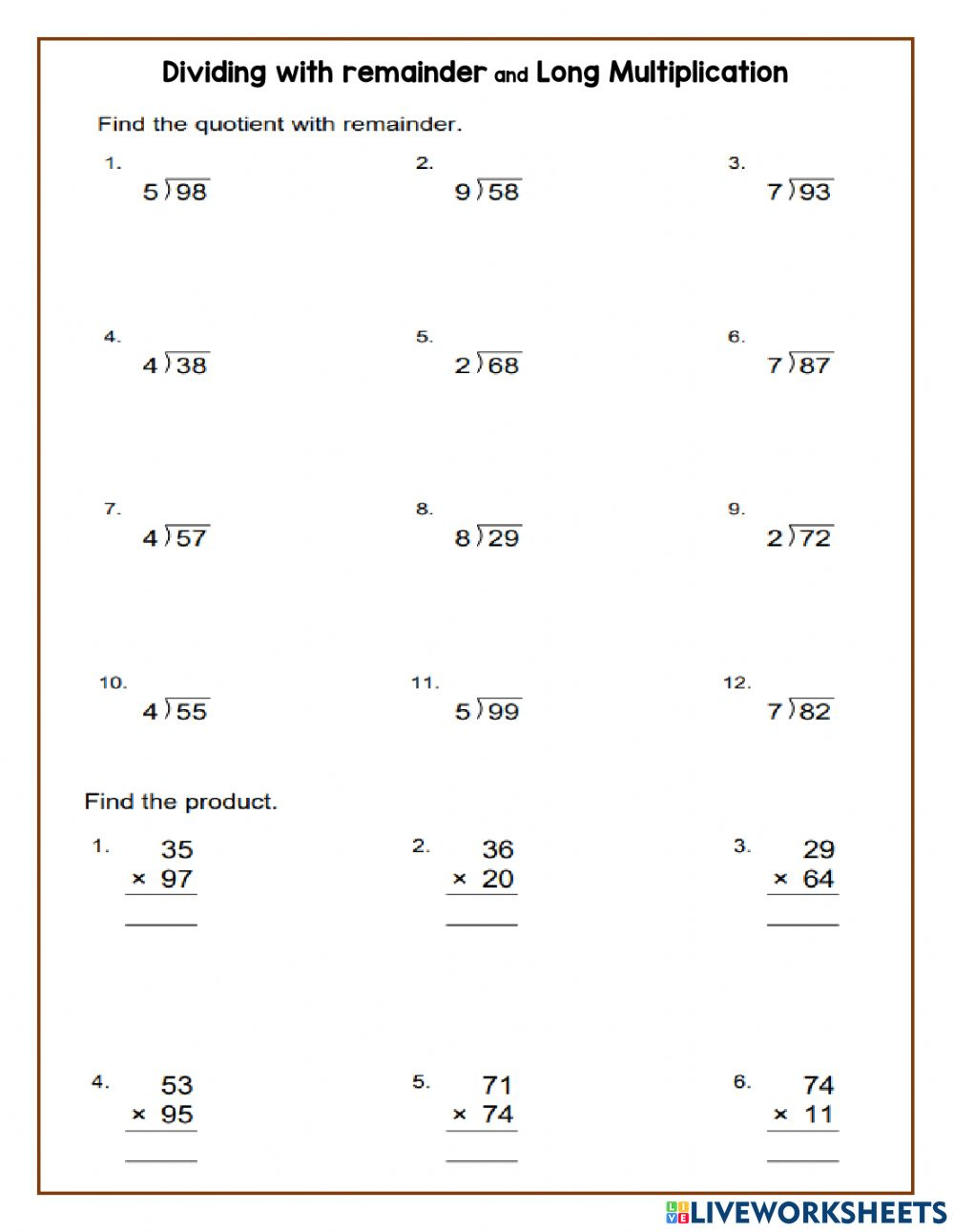 Dividing With Remainder And Long Multiplication Worksheet