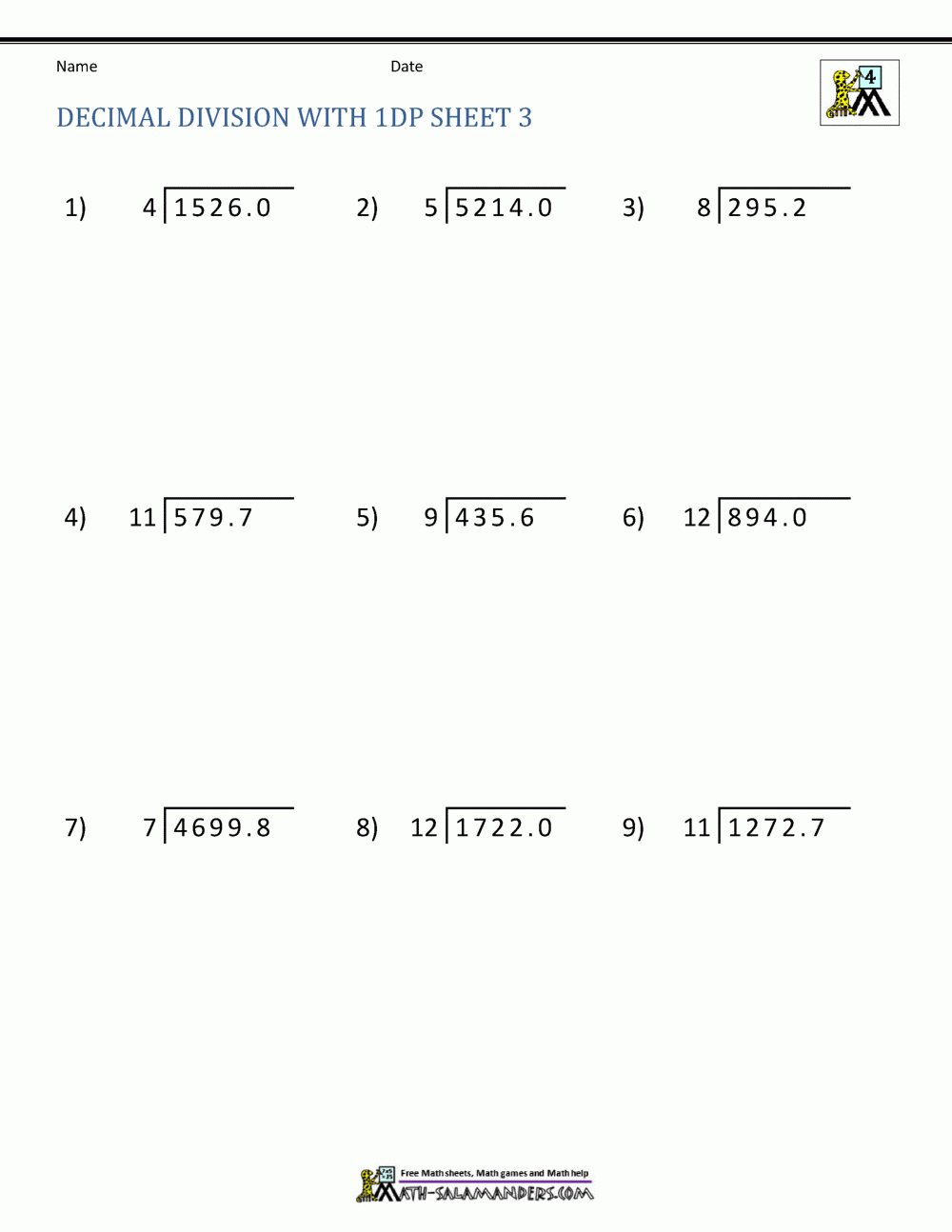 Division Of Decimal Numbers Worksheets