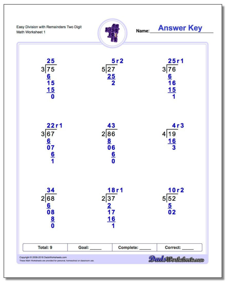 Easy Division With Remainders Worksheets