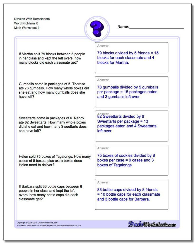 Division With Remainders Word Problems Long Division Worksheets