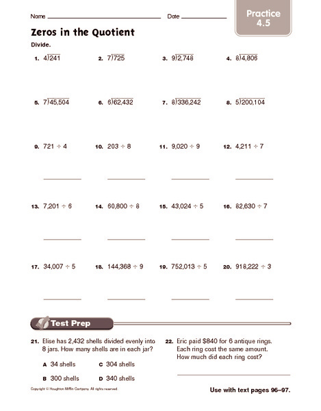 Division With Zeros In The Quotient Worksheets