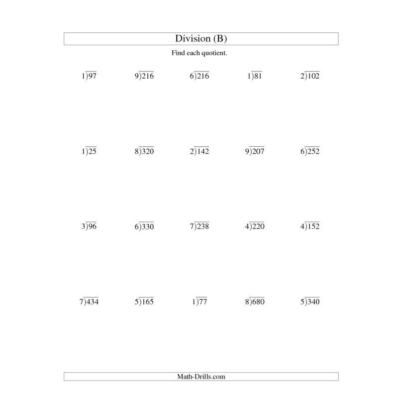 Division Worksheet Long Division One Digit Divisor And A Two Digit 