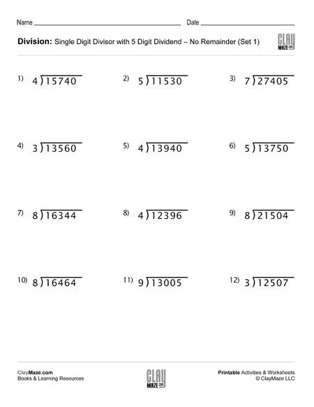 Division Worksheet With Single Digit Divisors Set 1 Childrens 