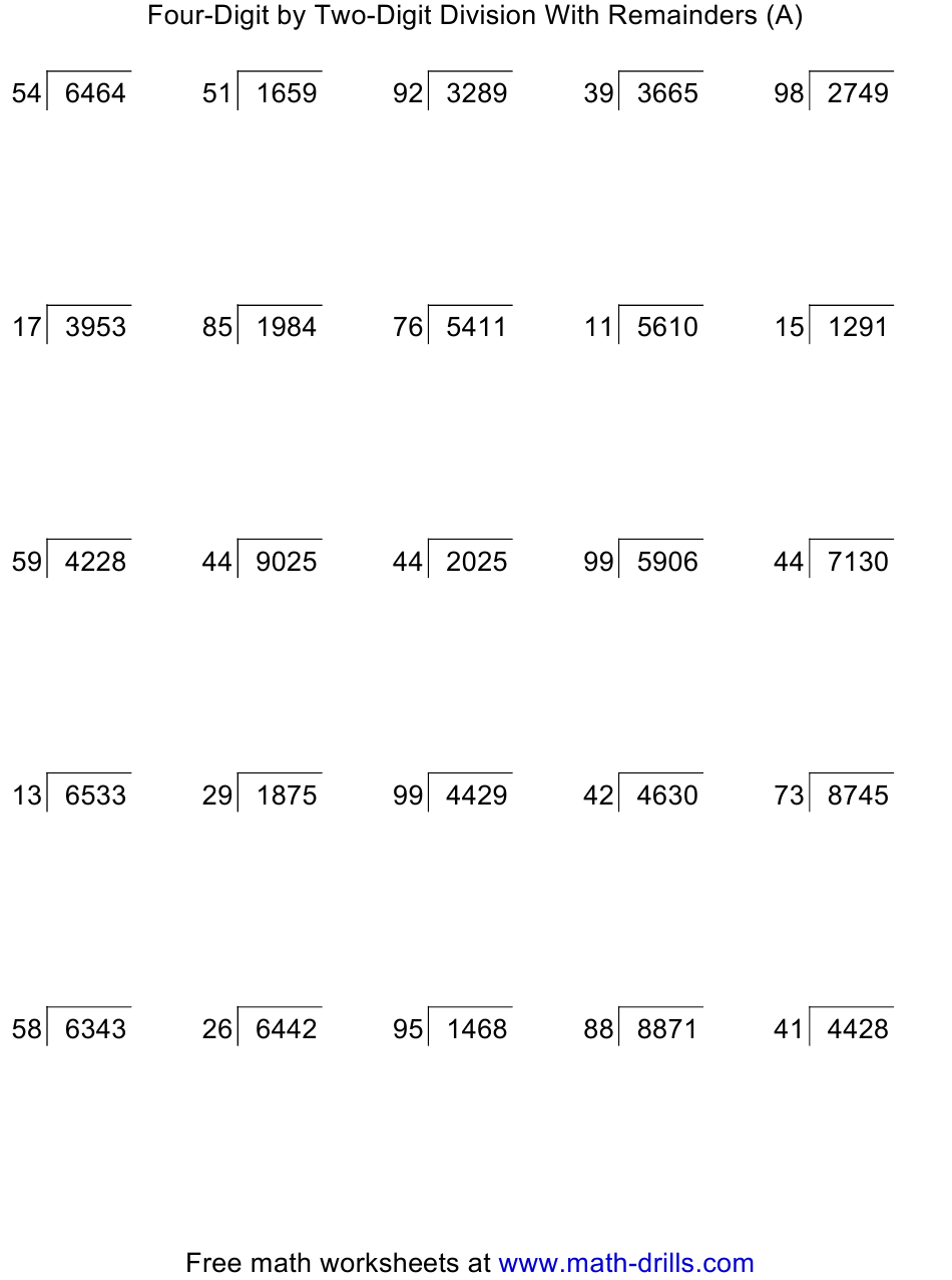 Four Digit By Two Digit Division With Remainders Worksheet With Answer 