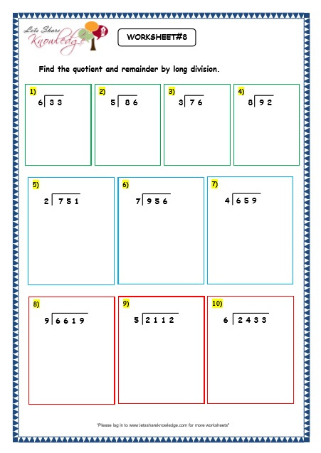 Grade 3 Maths Worksheets Division 6 4 Long Division With Remainder 