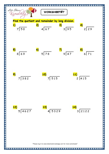 Grade 3 Maths Worksheets Division 6 4 Long Division With Remainder 