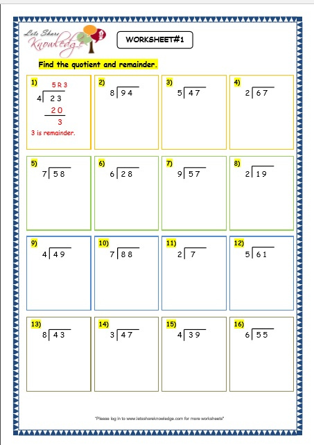 Grade 3 Maths Worksheets Division 6 4 Long Division With Remainder 