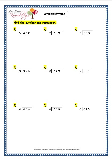 Grade 3 Maths Worksheets Division 6 4 Long Division With Remainder 