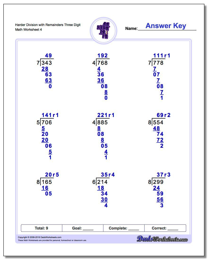 Harder Division Worksheet With Remainders Three Digit Long Division 