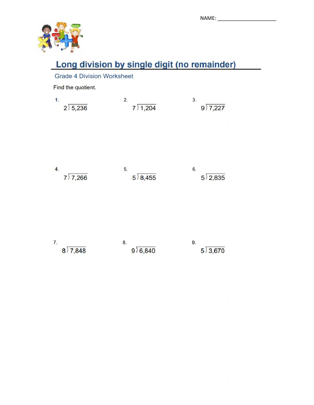 Long Division By Single Digit No Remainder Worksheet