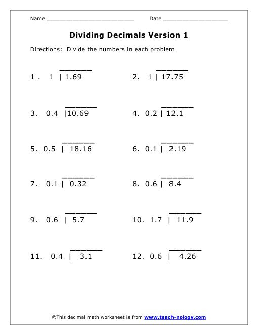 Free Long Division With Decimals Worksheets