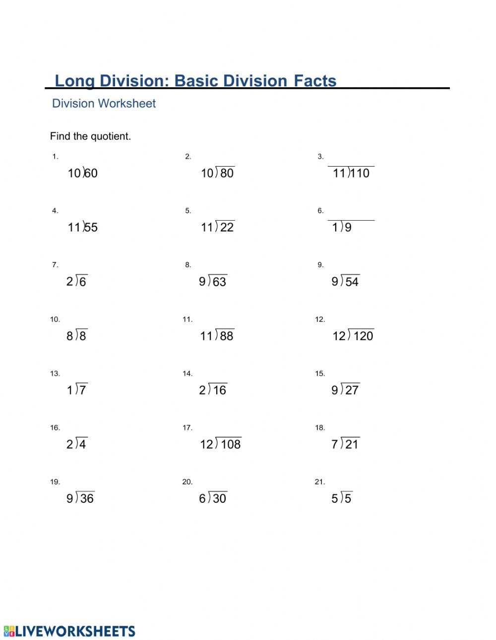 Long Division Facts Worksheet