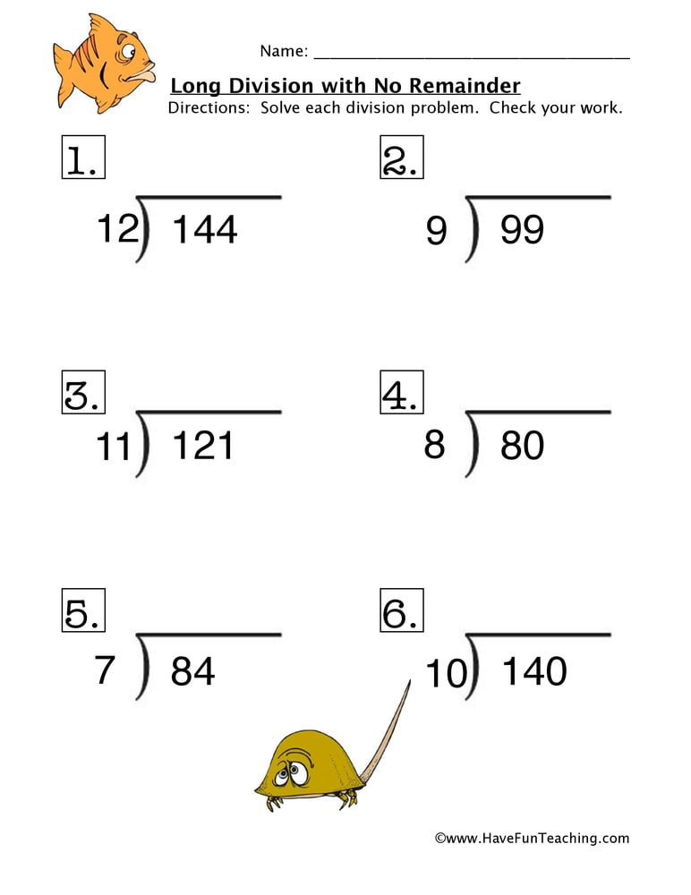 Long Division Problems No Remainder Worksheet Have Fun Teaching