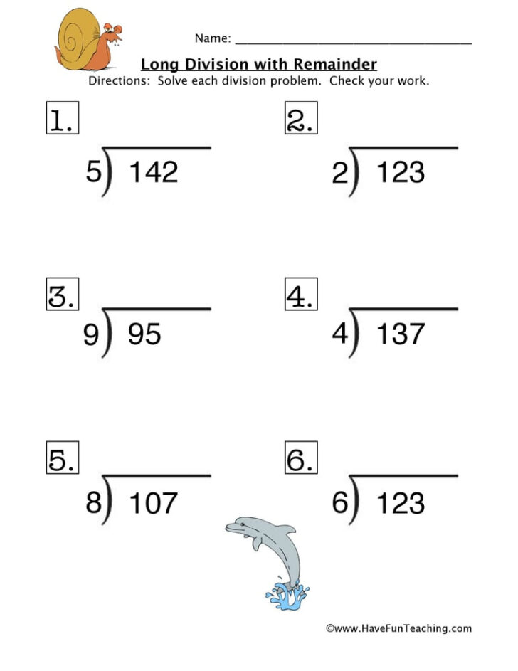 Long Division Math Problems Worksheets