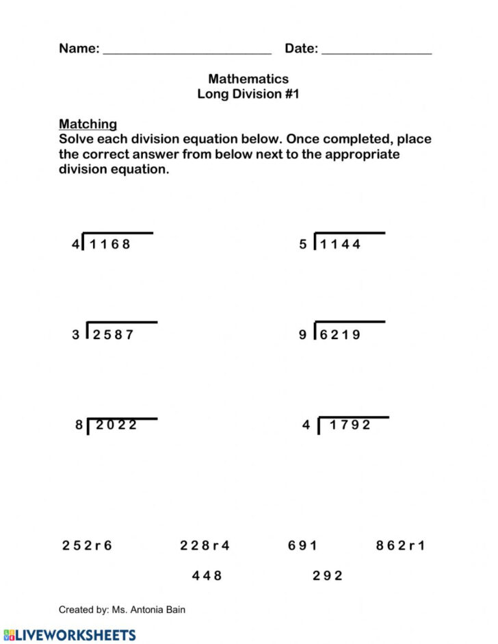 Long Division Equations Worksheets