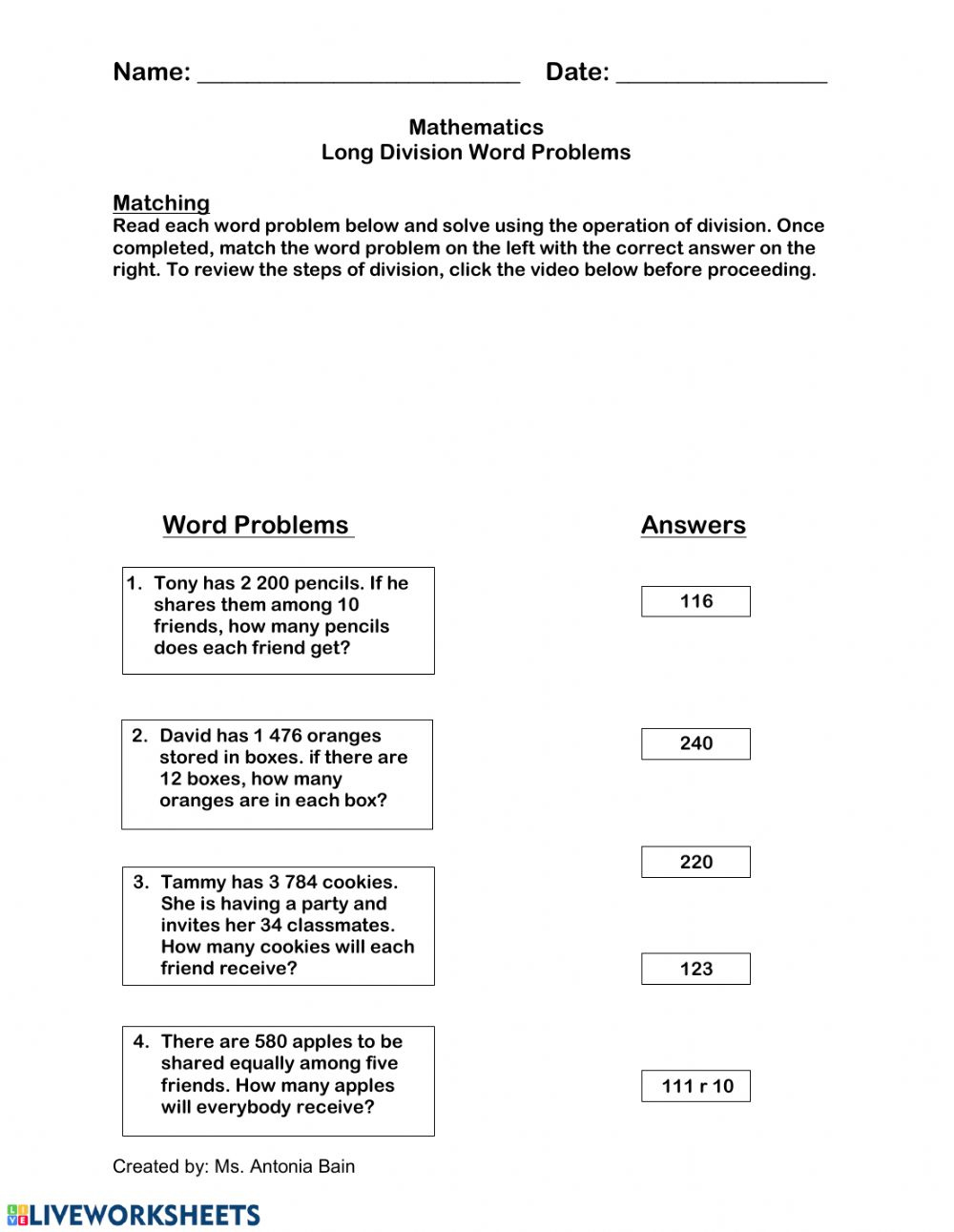 Long Division Word Problems Worksheet