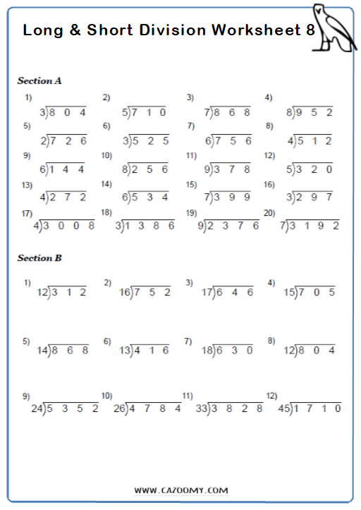 Long Division Worksheets Practice Questions And Answers Cazoomy