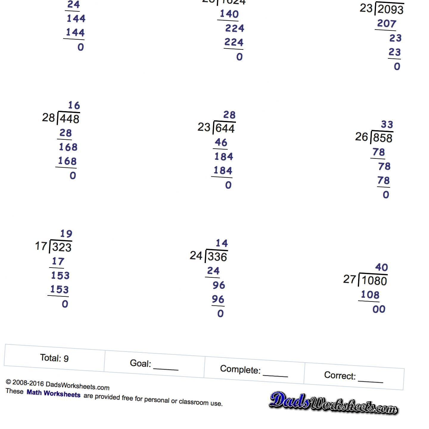 Long Division Worksheets Printable With Answer Keys That Show All The 