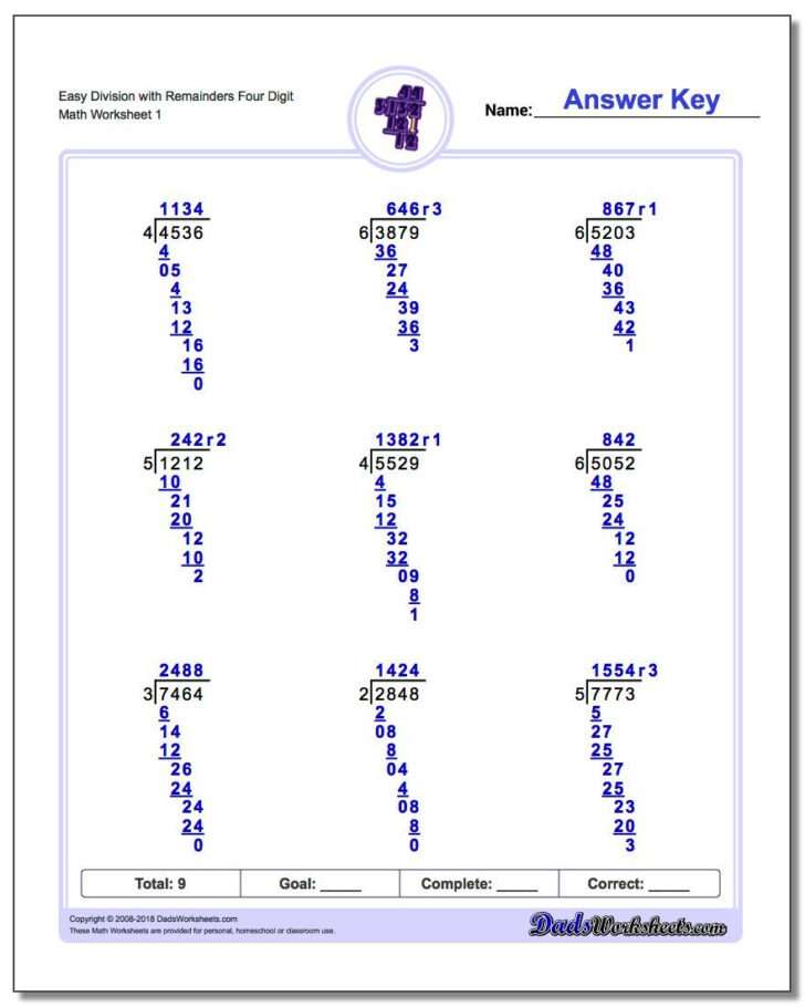 Long Division Worksheets With Answer Key