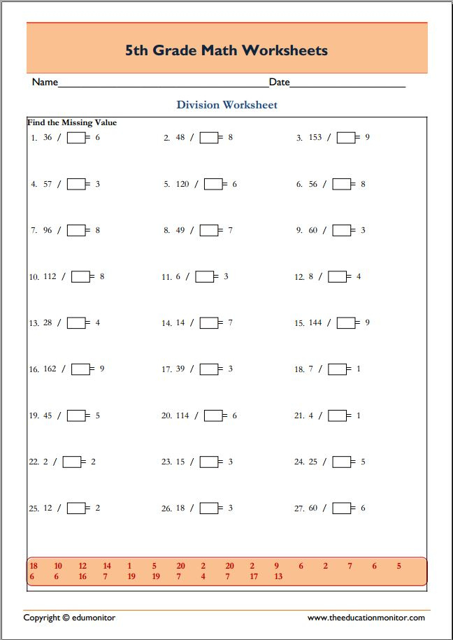 5 Grade Math Worksheets Division