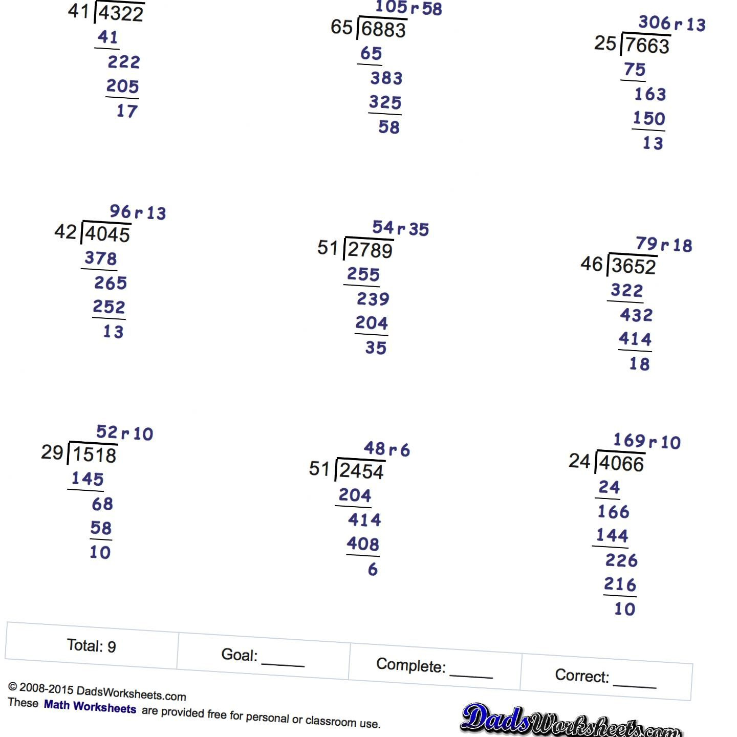 Math Worksheets Division With Multi Digit Divisors Long Division 