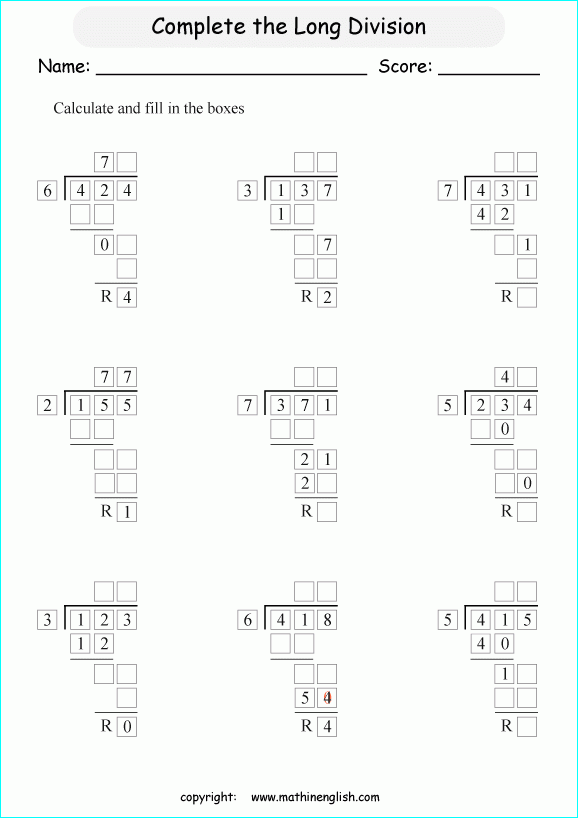 Long Division Worksheet With Boxes