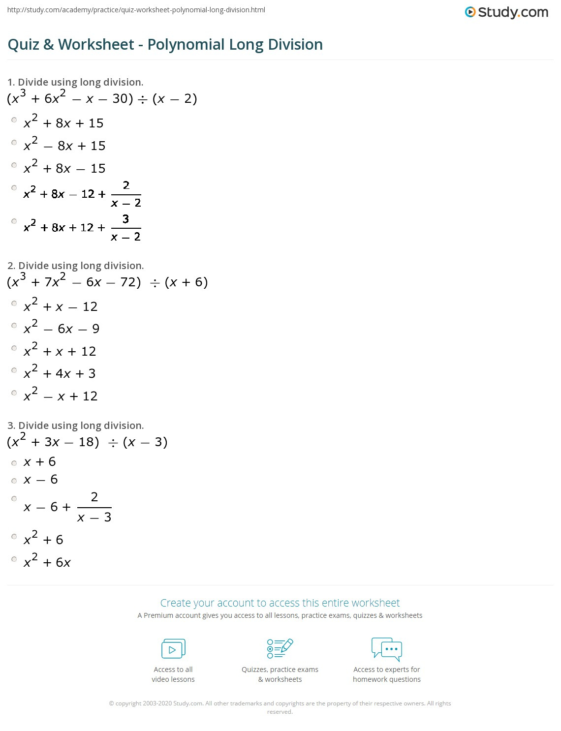 Quiz Worksheet Polynomial Long Division Study