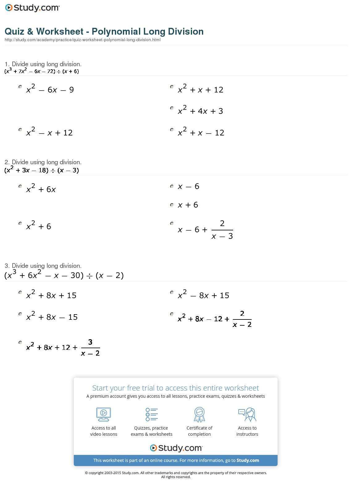 Quiz Worksheet Polynomial Long Division Study Db excel