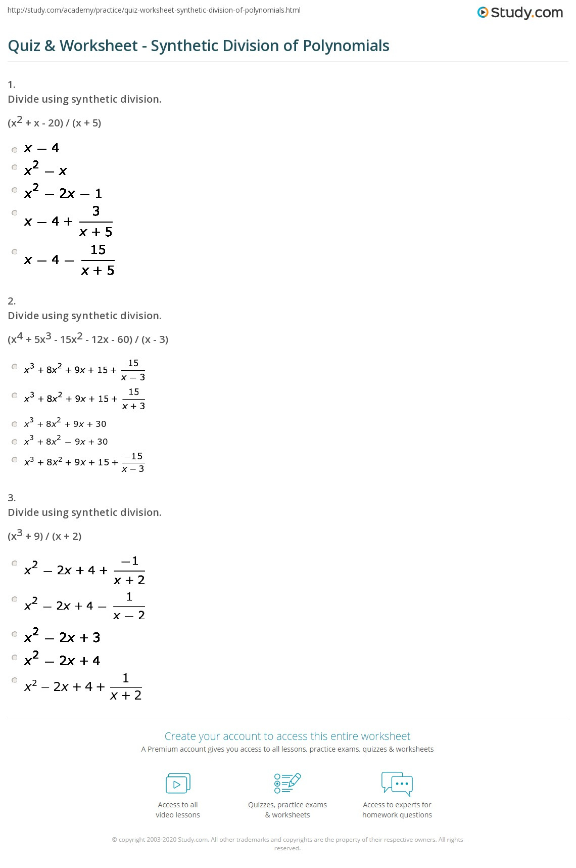 Quiz Worksheet Synthetic Division Of Polynomials Study