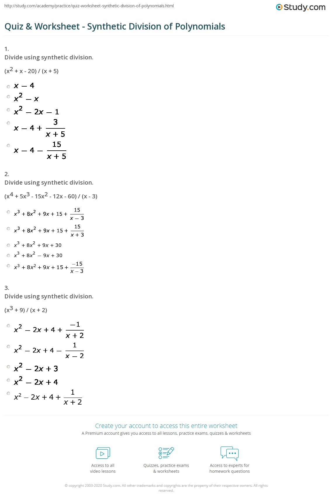 Dividing Polynomials Using Long And Synthetic Division Worksheet