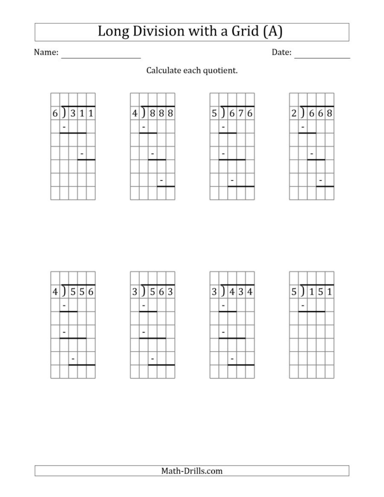 Long Division Worksheets With Grid Paper | Long Division Worksheets