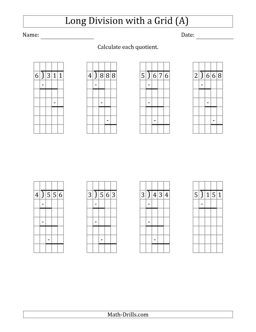 The 3 Digit By 1 Digit Long Division With Remainders With Grid 