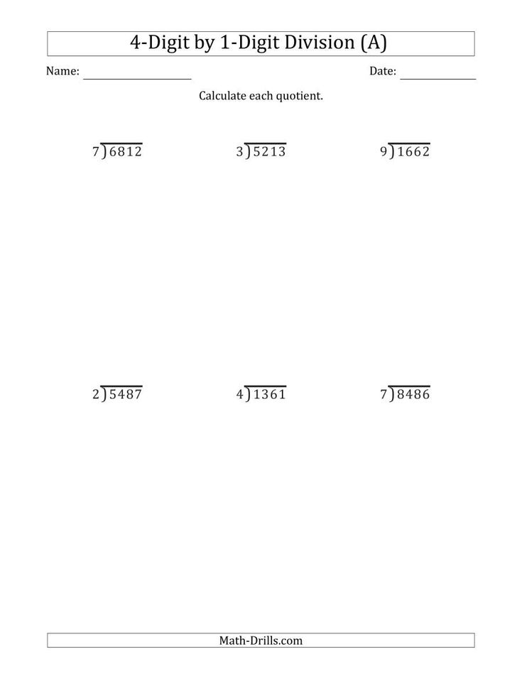 The 4 Digit By 1 Digit Long Division With Remainders And Steps Shown On 