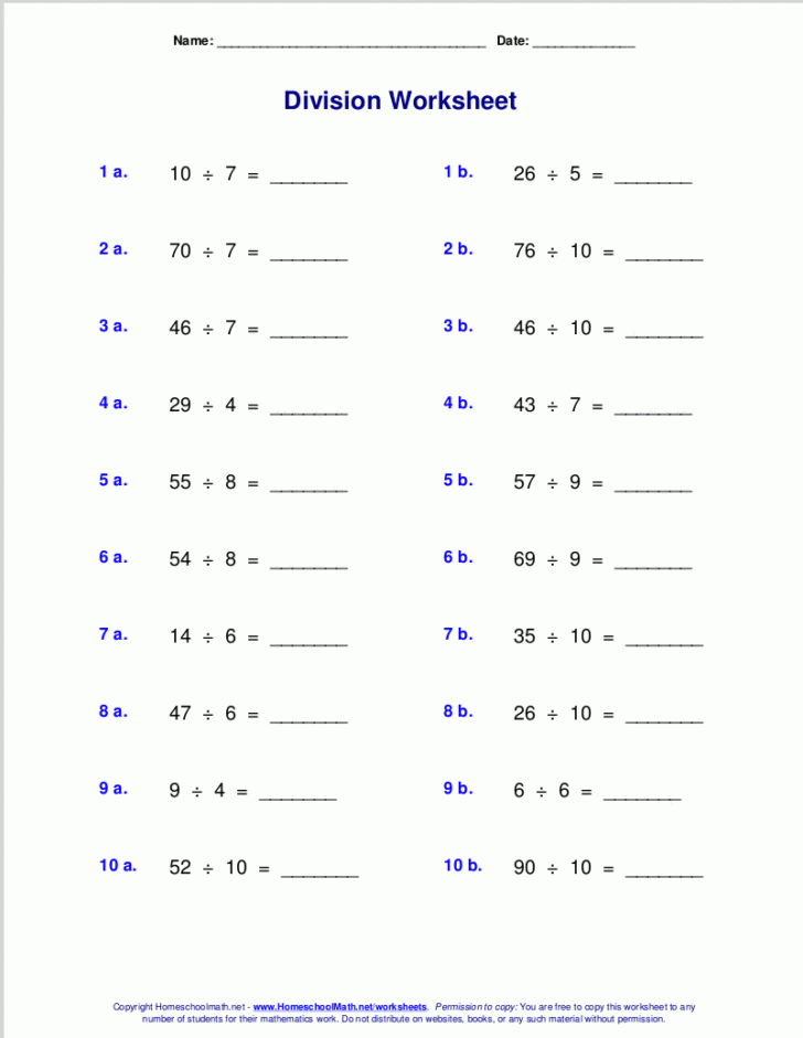 Division Worksheets With Remainders Printable