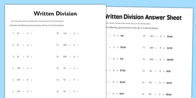 Year 6 Written Division 2 Decimal Places Worksheet Twinkl